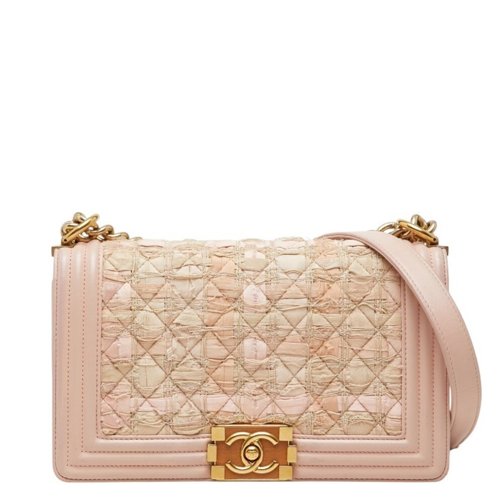 Chanel Coco Mark Boy Chain Shoulder Bag A67086 Pink Lambskin Tweed Women's CH...